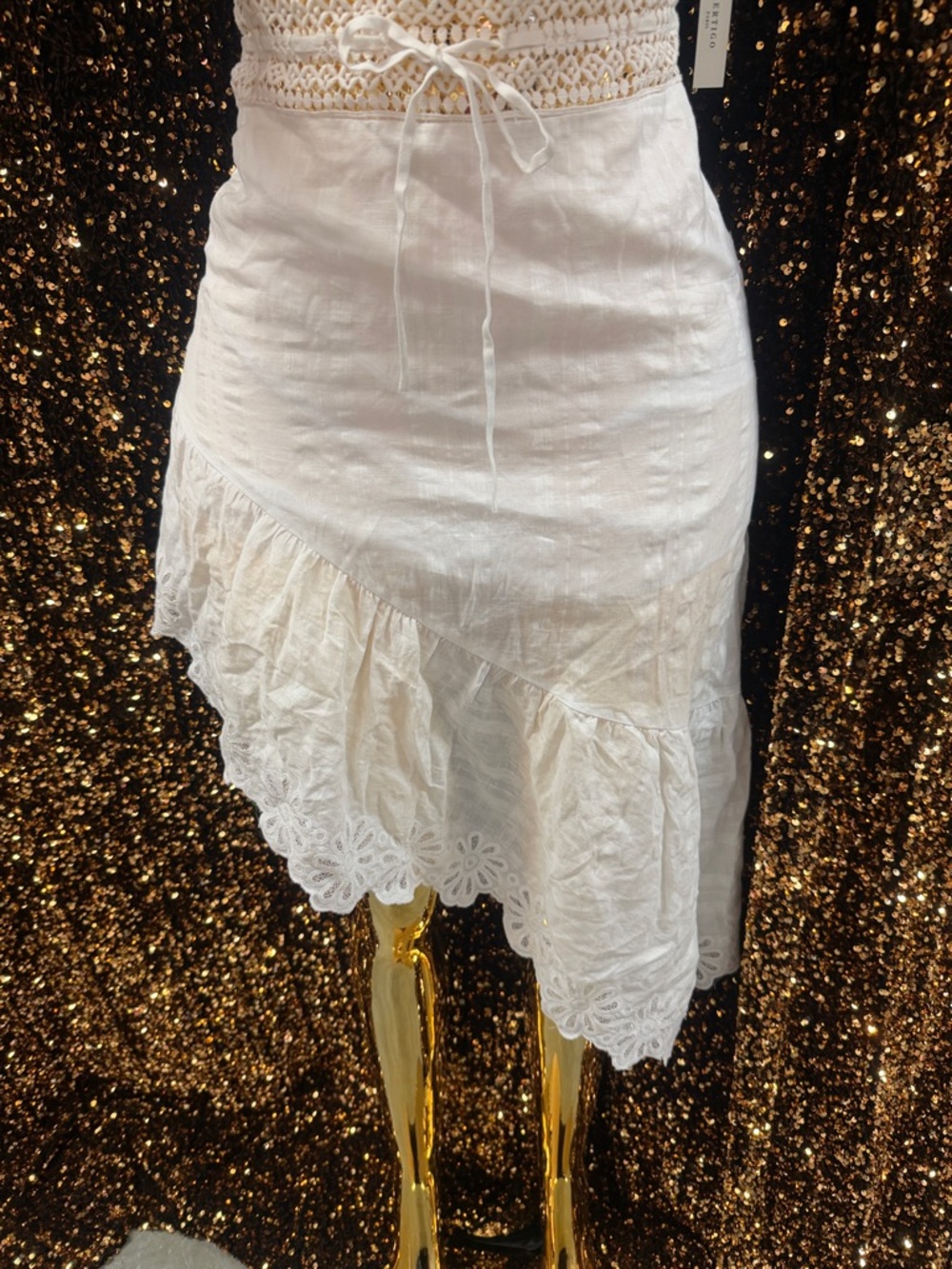 Guess Cream Asymmetrical Ruffle Eyelet Skirt